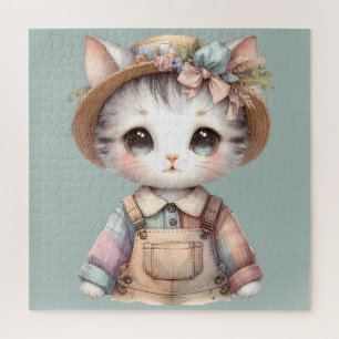 Puzzle Gato Pastel Cottagecore con Overoles y Sombrero de