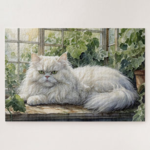 Puzzle Gato persa blanco ondulado en un jardín