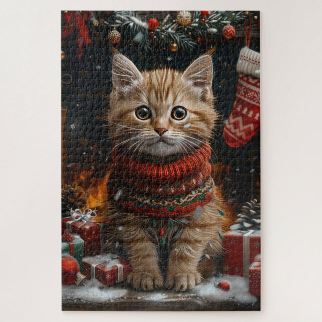 Puzzle Gato Persa con Chimenea de Regalos de Navidad (Vertical)