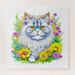 Puzzle Gato persa con flores amarillas y rosas