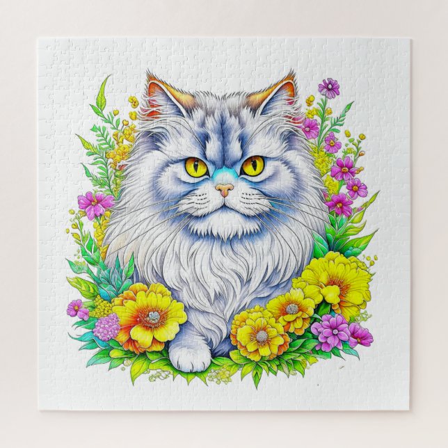 Puzzle Gato persa con flores amarillas y rosas (Vertical)