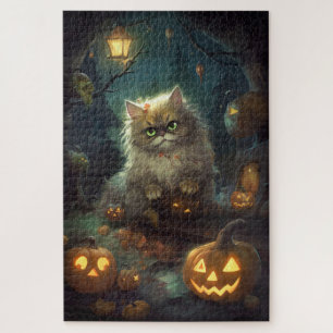 Puzzle Gato persa de Halloween con calabazas aterradoras