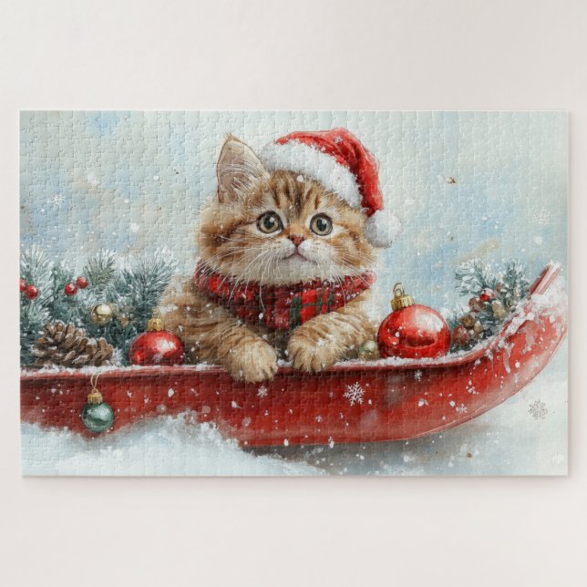 Puzzle Gato Persa en Trineo Deja que Nieve Navidad (Horizontal)