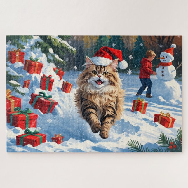 Puzzle Gato persa sentado en nieve con Gorra Navidad (Horizontal)