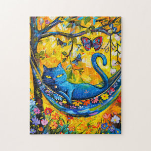 Puzzle Gato pintado en hamaca bajo árbol con mariposa