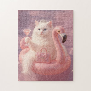 Puzzle Gato Princesa de Lujo en Flotador de Flamenco Rosa