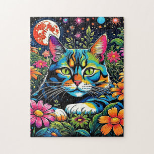 Puzzle Gato psicodélico entre flores