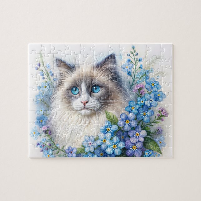 Puzzle Gato Ragdoll entre flores de nomeolvides (Horizontal)