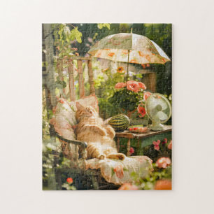 Puzzle Gato relajándose en silla de cubierta bajo sombril