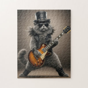 Puzzle Gato Rockstar Tocando Guitarra Eléctrica en Cuero