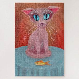 Puzzle Gato rosa con pez dorado en una mesa azul