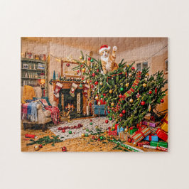 Puzzle Gato saludando desde el árbol de Navidad