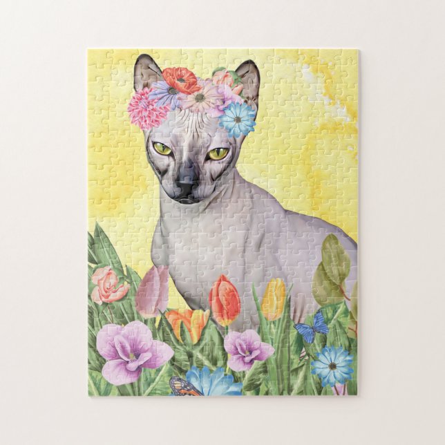 Puzzle Gato Sfinx con primavera de flores (Vertical)