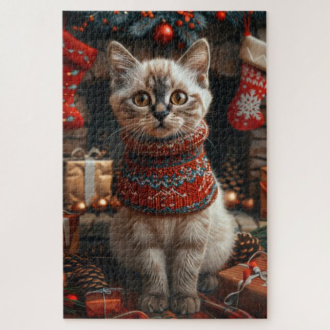 Puzzle Gato siamés con regalos de Navidad Chimenea (Vertical)