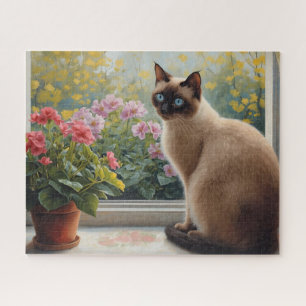 Puzzle Gato siamés en la ventana con vista al jardín