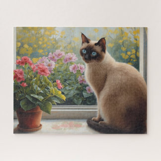 Puzzle Gato siamés en la ventana con vista al jardín