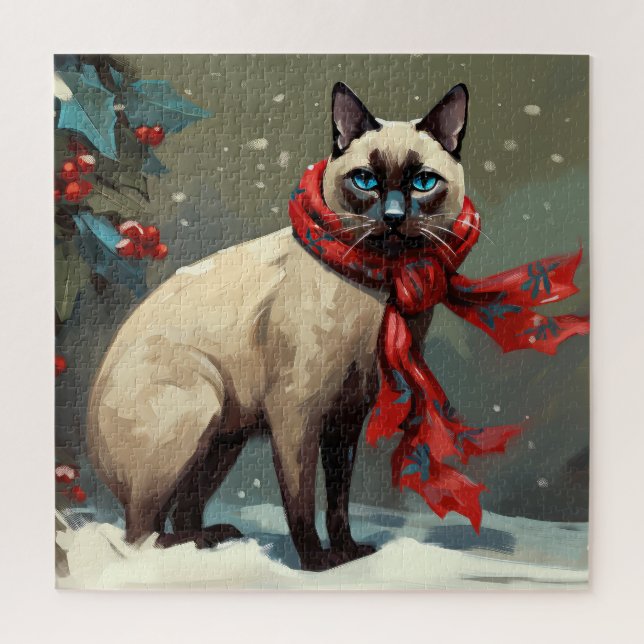 Puzzle Gato siamés en Navidad con nieve (Vertical)