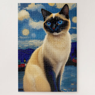 Puzzle Gato siamés en noche estrellada