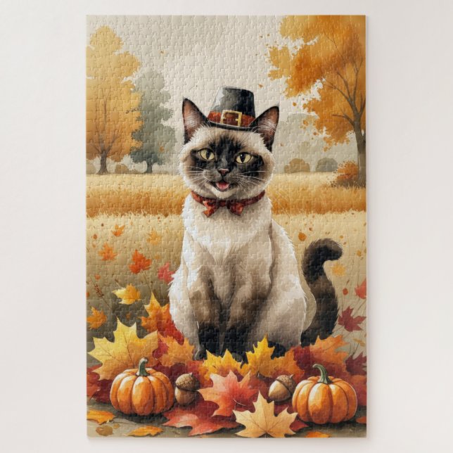 Puzzle Gato siamés en otoño deja arte de Acción de Gracia (Vertical)