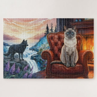 Puzzle Gato siamés por chimenea, mural de lobo