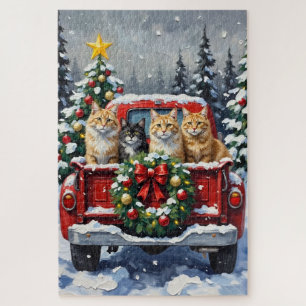 Puzzle Gato Siberiano Camión Rojo Navidad Fiesta