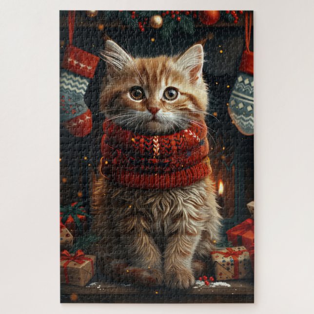 Puzzle Gato Siberiano Con Chimenea De Regalos Navidades (Vertical)