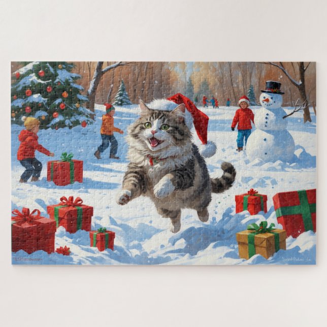 Puzzle Gato siberiano corriendo en nieve con Gorra Navida (Horizontal)