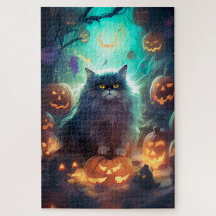 Puzzle Gato siberiano de Halloween con calabazas aterrado