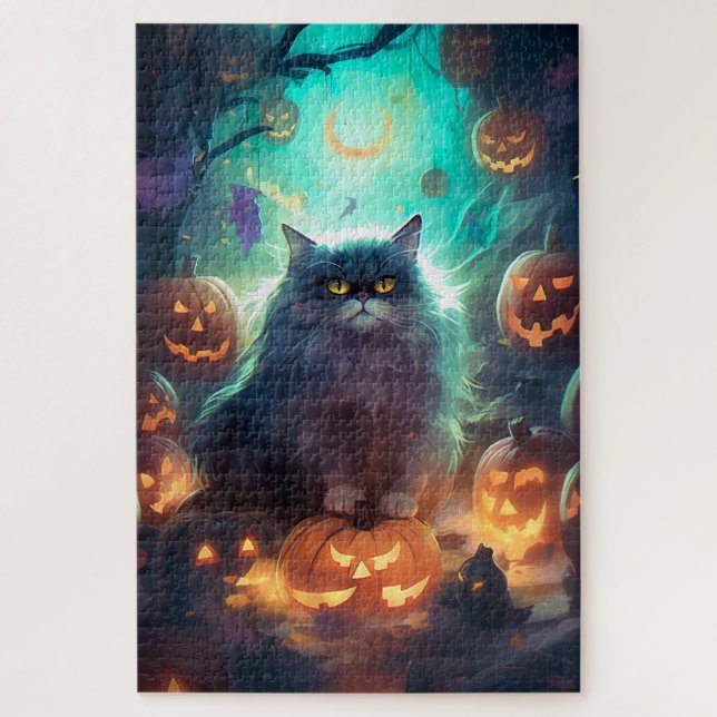 Puzzle Gato siberiano de Halloween con calabazas aterrado (Vertical)