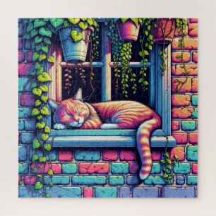 Puzzle Gato Soñoliento en Alféizar Arte de IA