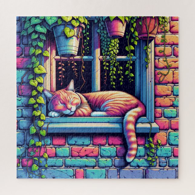 Puzzle Gato Soñoliento en Alféizar Arte de IA (Vertical)