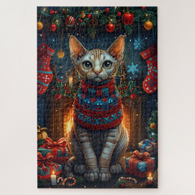 Puzzle Gato Sphynx con regalos de Navidad Chimenea (Vertical)