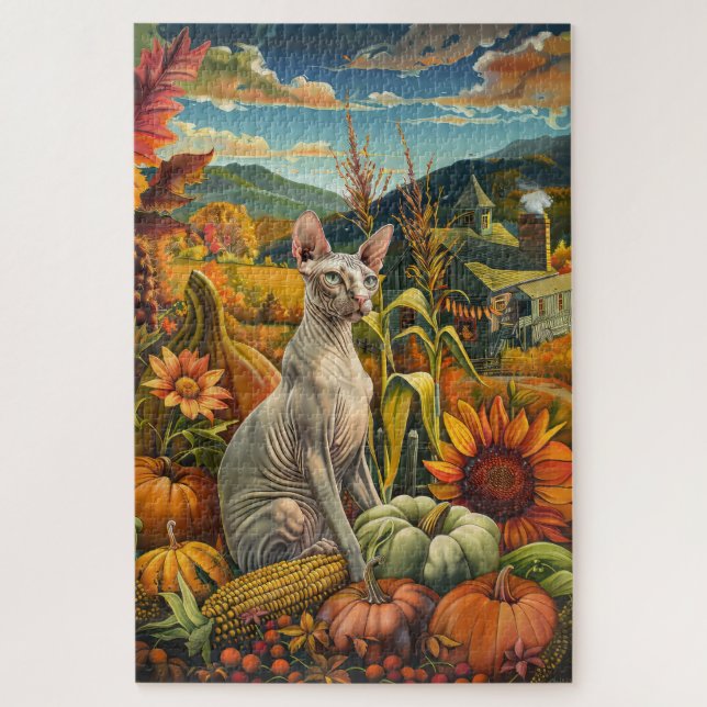 Puzzle Gato Sphynx Cosecha de Otoño Día de Acción de Grac (Vertical)