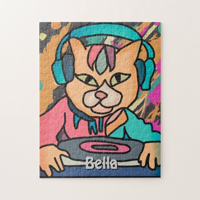 Puzzle Gato Street Retro con audífonos | Divertido (Vertical)