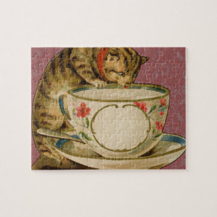 Puzzle Gato Taza de Té Lindo Vintage Victoriano Mascota C