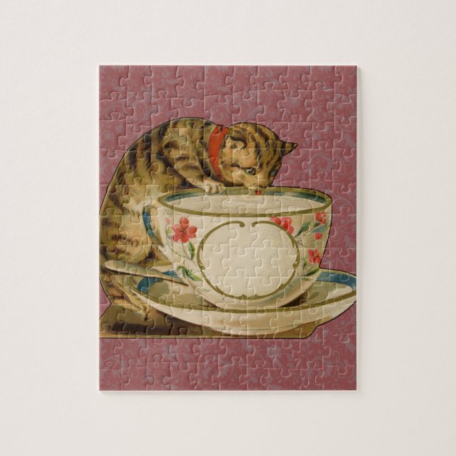 Puzzle Gato Taza de Té Lindo Vintage Victoriano Mascota C (Vertical)