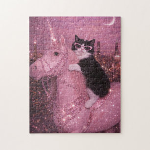 Puzzle Gato Unicornio Glamuroso Bajo Ciudad Brillante