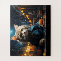 Gato Vestido en Café por la Noche
