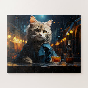 Puzzle Gato Vestido en Café por la Noche