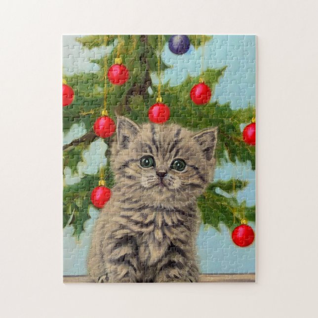 Puzzle Gato vintage y árbol de Navidad (Vertical)