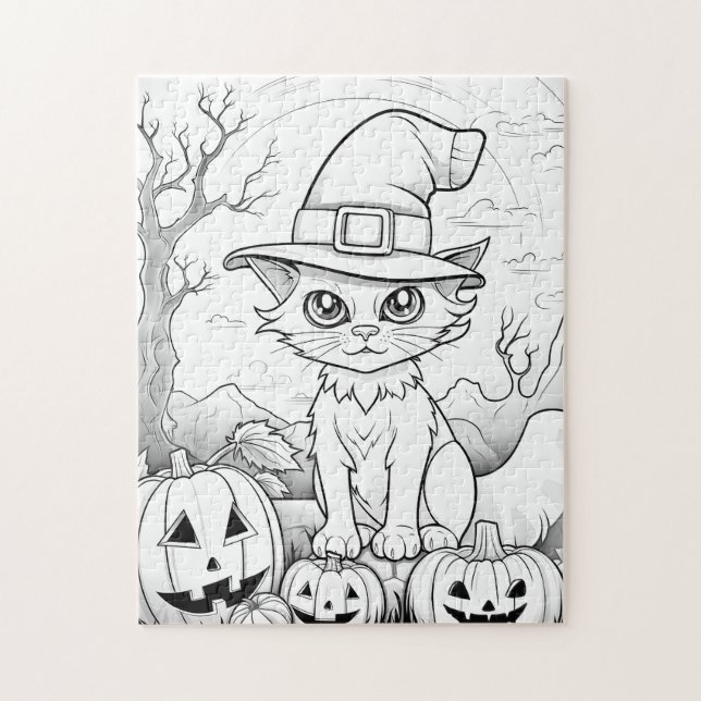 Puzzle Gato y calabazas fantasmales | Halloween (Vertical)