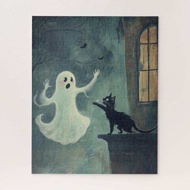 Puzzle Gato y fantasma de Halloween (Vertical)