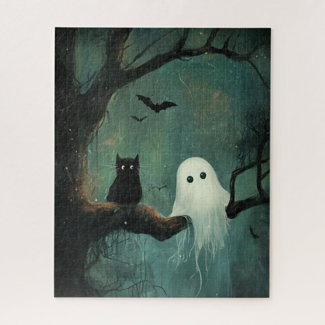 Puzzle Gato y fantasma de Halloween (Vertical)