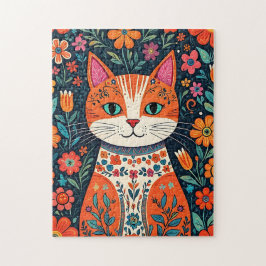 Puzzle Gato y flores de arte folclórico caprichosos