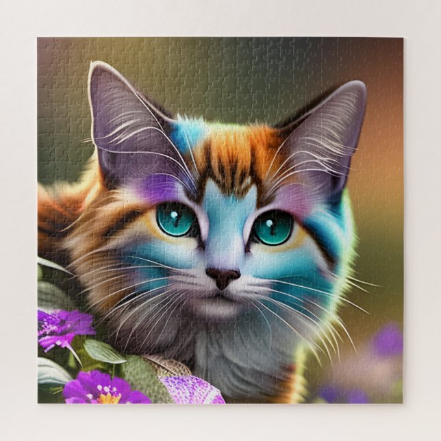 Puzzle gato y flores de calico azul y óxido (Vertical)