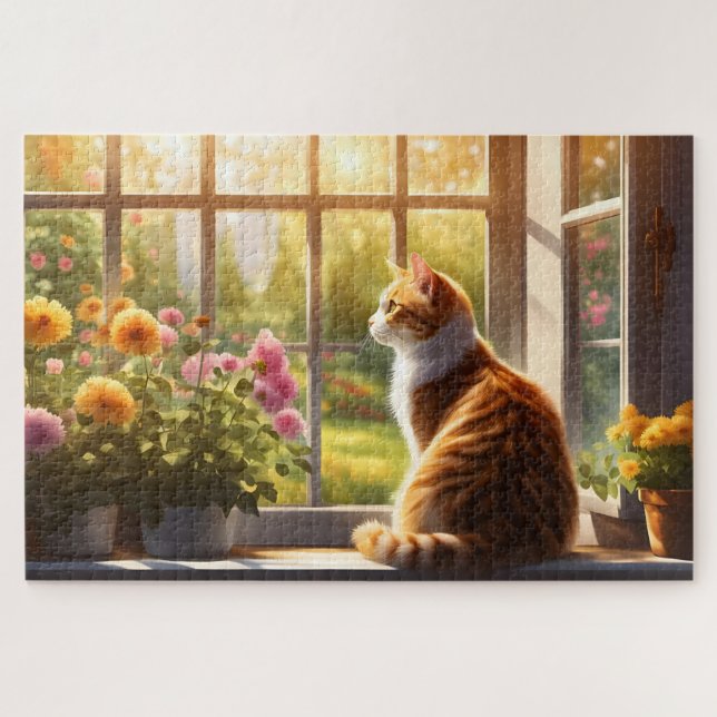 Puzzle Gato y flores en una ventana soleada (Horizontal)