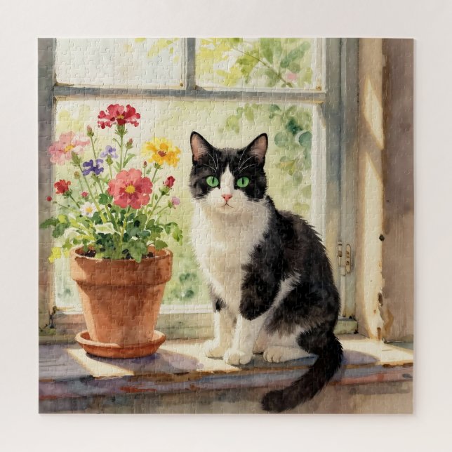 Puzzle Gato y flores temáticas en acuarela (Vertical)