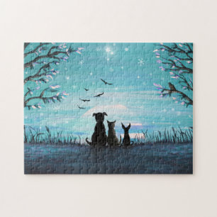 Puzzle Gato y perros Winter Sunset