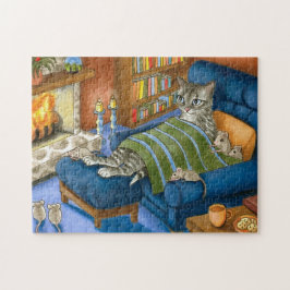 Puzzle Gato y ratones sentados frente a una chimenea 459