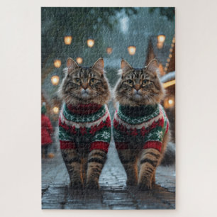 Puzzle Gatos Angora Turcos Navidad Nieve Fiesta